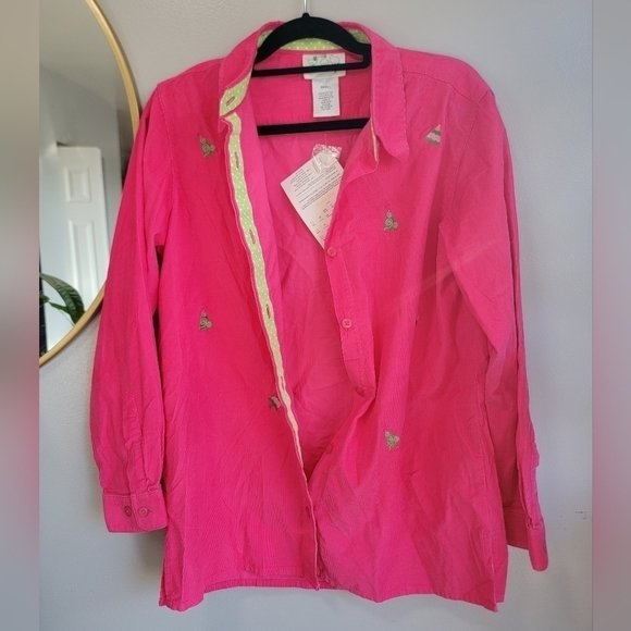 The Quacker Factory NWT QVC pink Small Christmas tree button up women - Picture 1 of 10